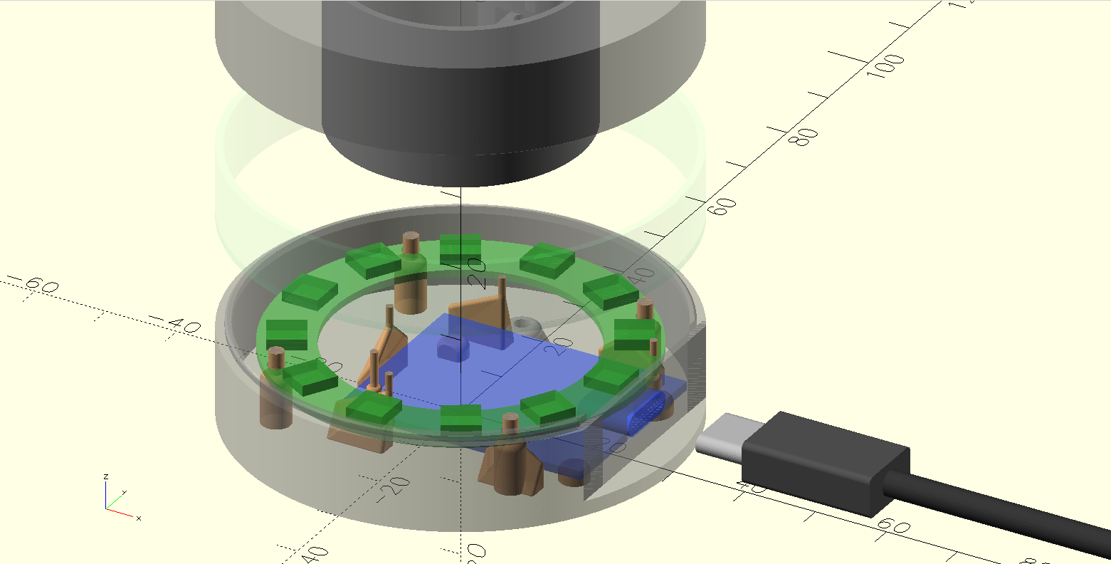 OpenSCAD exploded view of the Halo Terminal case showing lid, LED ring, PCB with standoffs, and USB cable